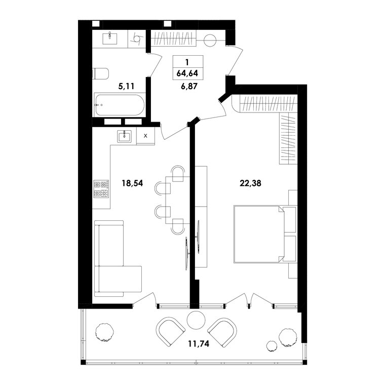 Планування — 1-кімн. 64,6 м²
